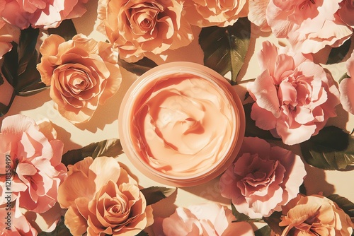 A delicate arrangement of flowers surrounding a creamy skincare product. photo