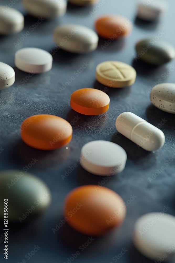 Macro shot of various pills on a surface. Macro shot of various pills on a surface.