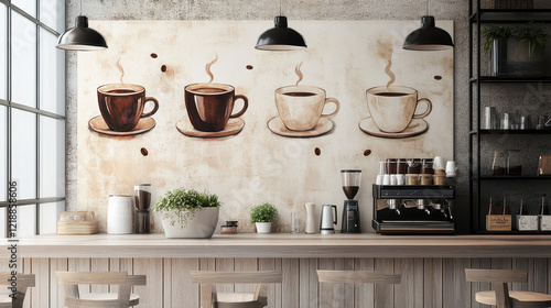 Coffee Shop Mural:  A rustic coffee shop interior with a charming  watercolor mural depicting four steaming cups of coffee. The mural evokes warmth,  comfort.