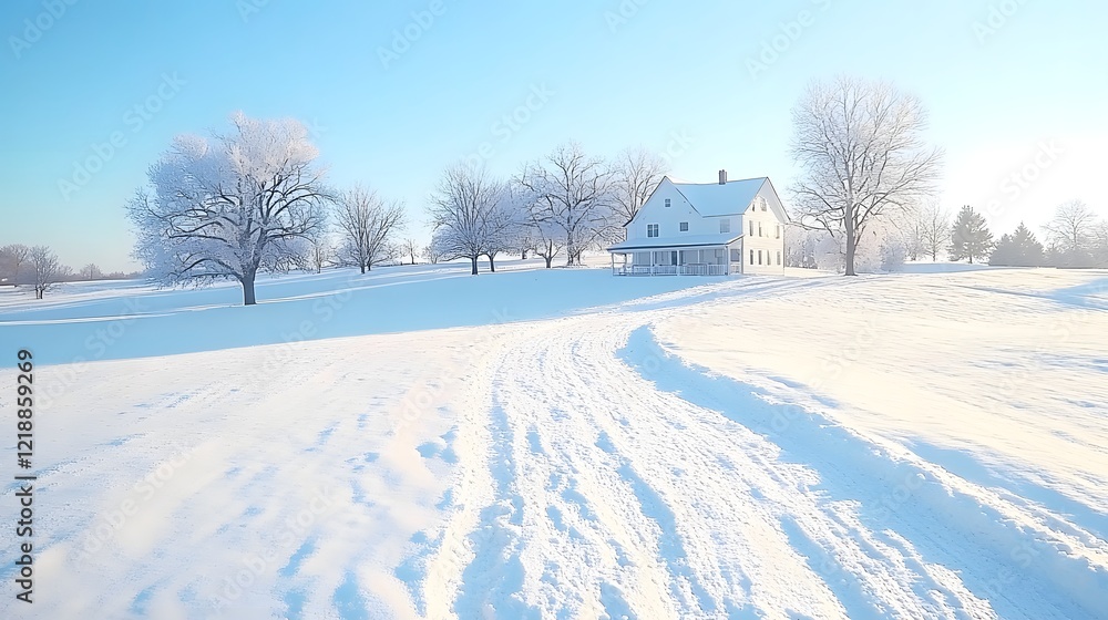 Obraz premium Charming Winter Landscape with Snow-Covered House and Frosty Trees