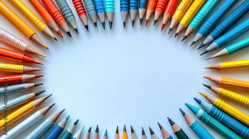 Fototapeta premium Vibrant Colored Pencils Arranged in a Circle Frame on White Background