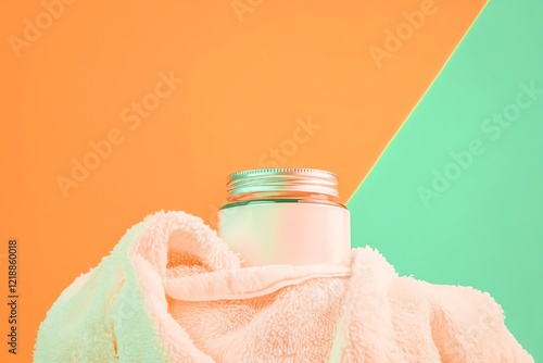 A stylish cosmetic jar wrapped in a soft towel against a colorful background. photo