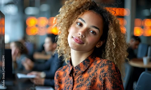 Wallpaper Mural Confident young woman with curly hair, looking over her shoulder in an office setting. Torontodigital.ca