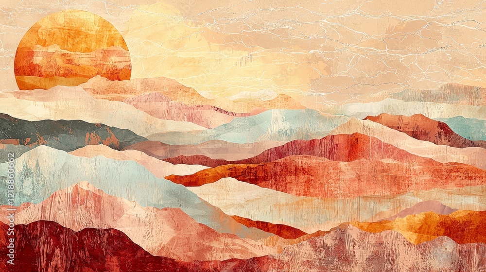 Fototapeta premium Abstract Mountain Landscape with Warm Sun and Soft Color Palette