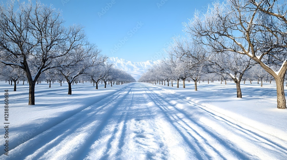 Obraz premium Serene Winter Wonderland with Tree-Lined Path and Snow-Covered Landscape