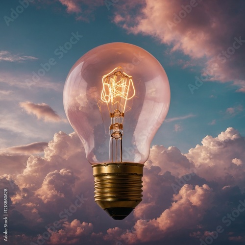 A glowing light bulb floating in a dreamlike sky with pastel clouds.