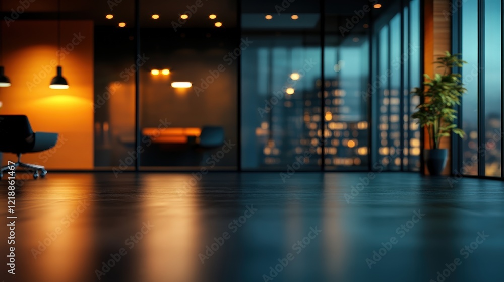 Fototapeta premium Large Office Interior at Night with Blurred Perspective Showcasing Modern Design and Cityscape View Through Glass Windows