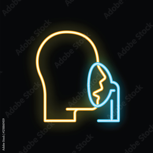 Yellow and blue neon icon of a side profile of a human head with an otoscope shining a light into the ear