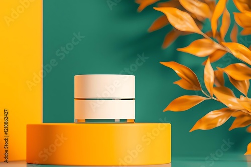 Stylish cosmetic jar on a colorful backdrop with leaves, ideal for beauty and skincare. photo