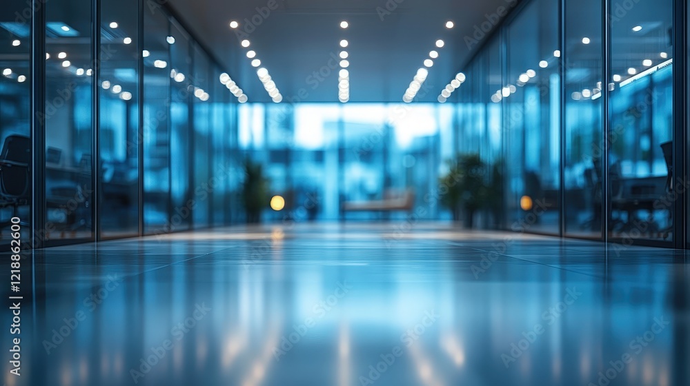 Fototapeta premium Modern Empty Office Space with Blurred Perspective Illuminated by Ambient Lighting for Creative and Professional Use