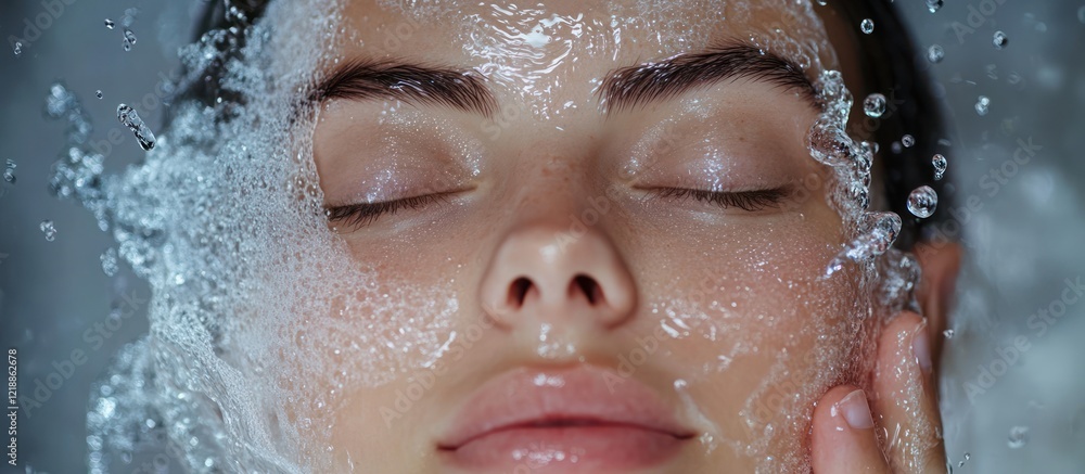 Woman cleansing face, water splash, spa, beauty Woman cleansing face, water splash, spa, beauty