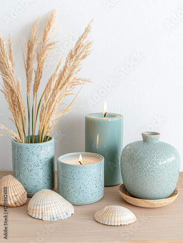 serene arrangement of decorative items featuring teal candles, textured vase, and dried grass, complemented by seashells, creating calming coastal aesthetic photo