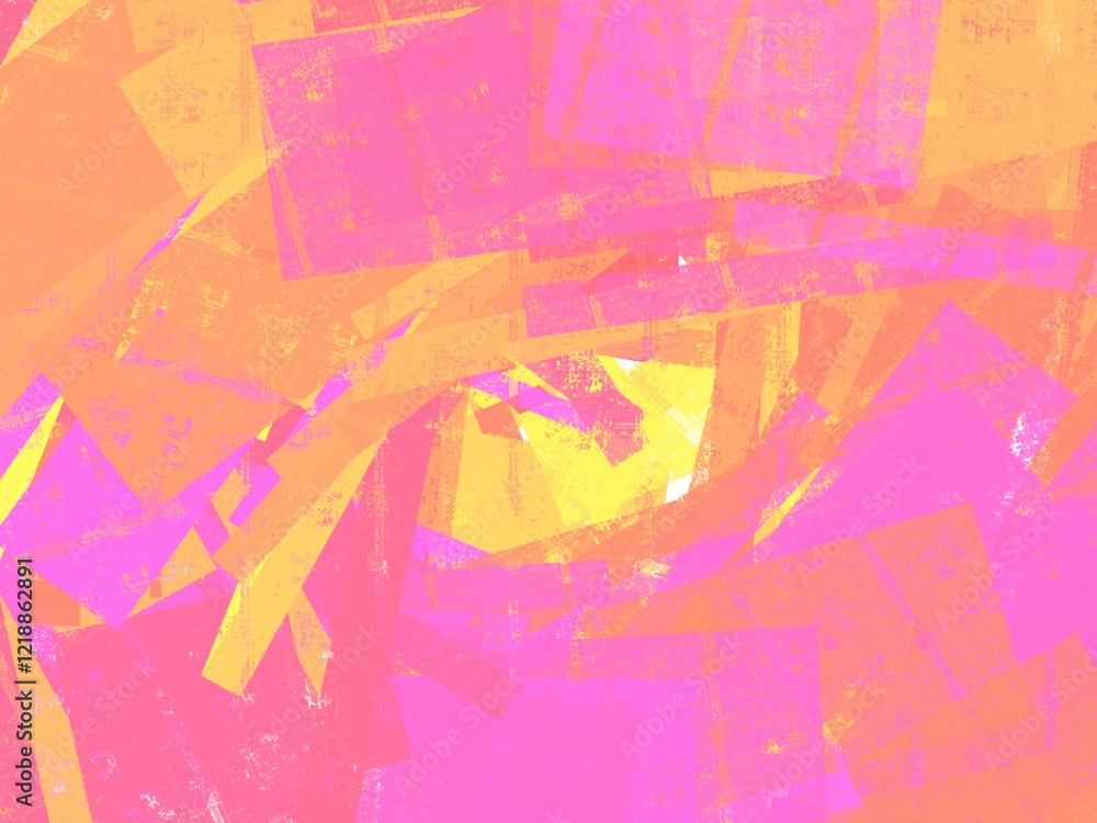Obraz premium abstract, vibrant combination of warm colors like pink, orange, and yellow with irregular geometric shapes layered over each other, giving it a textured and energetic feel.