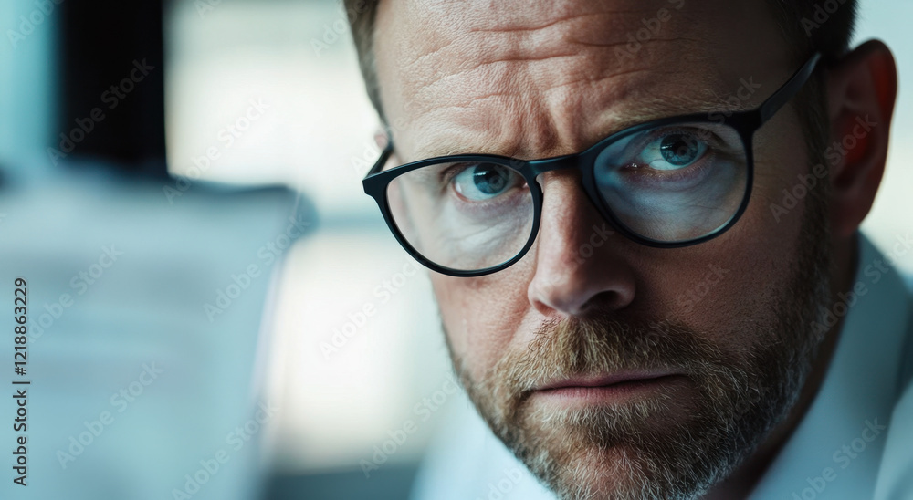 A man wearing glasses displays intense focus as he sits at his desk in a well-lit office. Papers are scattered around, indicating he is engaged in important tasks during the morning. A man wearing glasses displays intense focus as he sits at his desk in a well-lit office. Papers are scattered around, indicating he is engaged in important tasks during the morning.