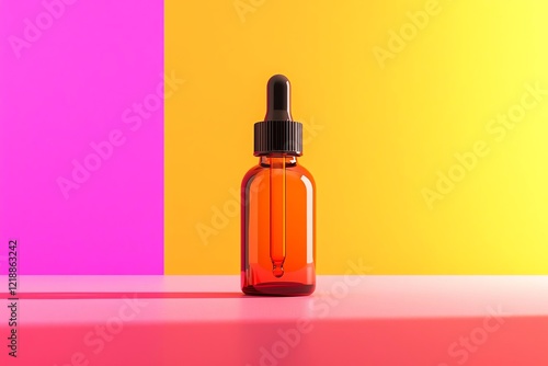 Vibrant orange dropper bottle on a colorful background, ideal for product displays. photo