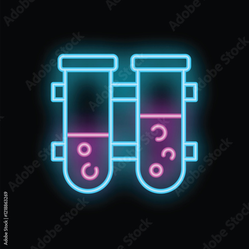 Glowing neon icon of two test tubes with bubbling liquid, representing a chemical reaction experiment