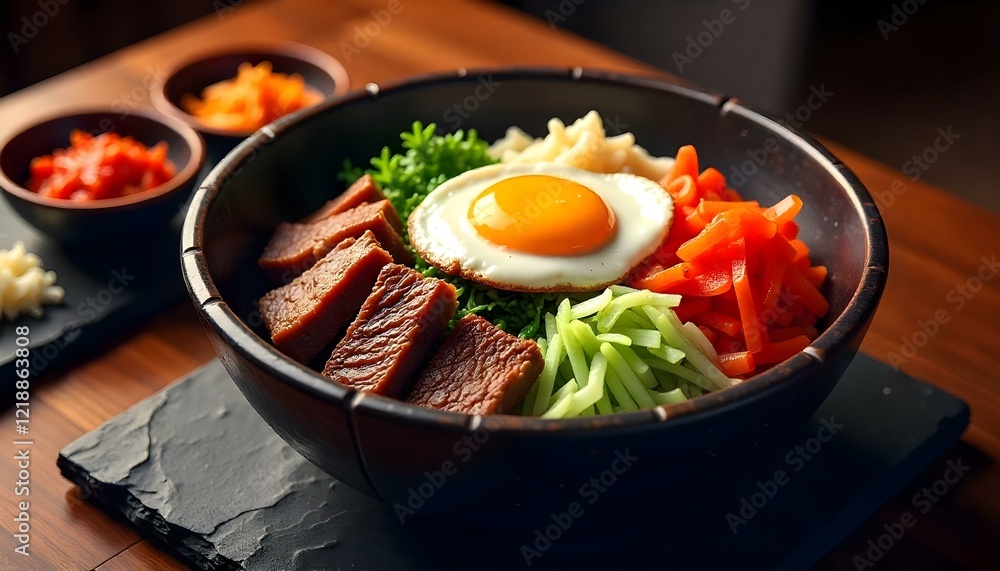 A colorful dolsot bibimbap in a sizzling stone bowl, topped with vegetables and a crispy rice crust A colorful dolsot bibimbap in a sizzling stone bowl, topped with vegetables and a crispy rice crust