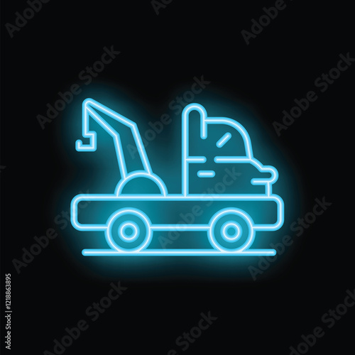 Blue neon sign showing a tow truck with lifted crane glowing on black background