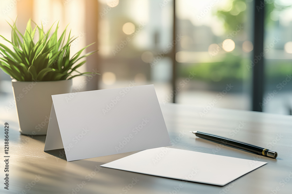 Fototapeta premium Minimalist blank card and envelope on a wooden desk with a pen and plant, set against a bright, modern office backdrop.