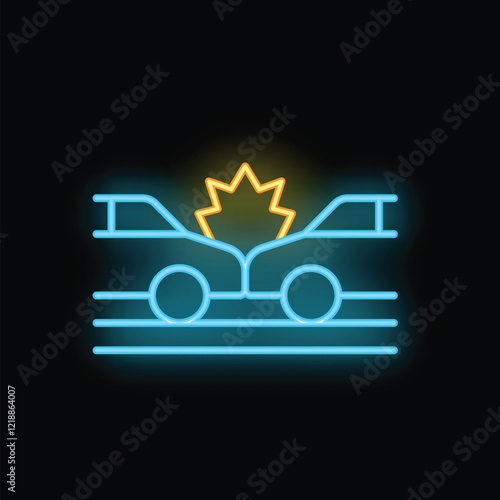 Neon sign illustrating two cars colliding head on with a bright explosion, symbolizing a car accident