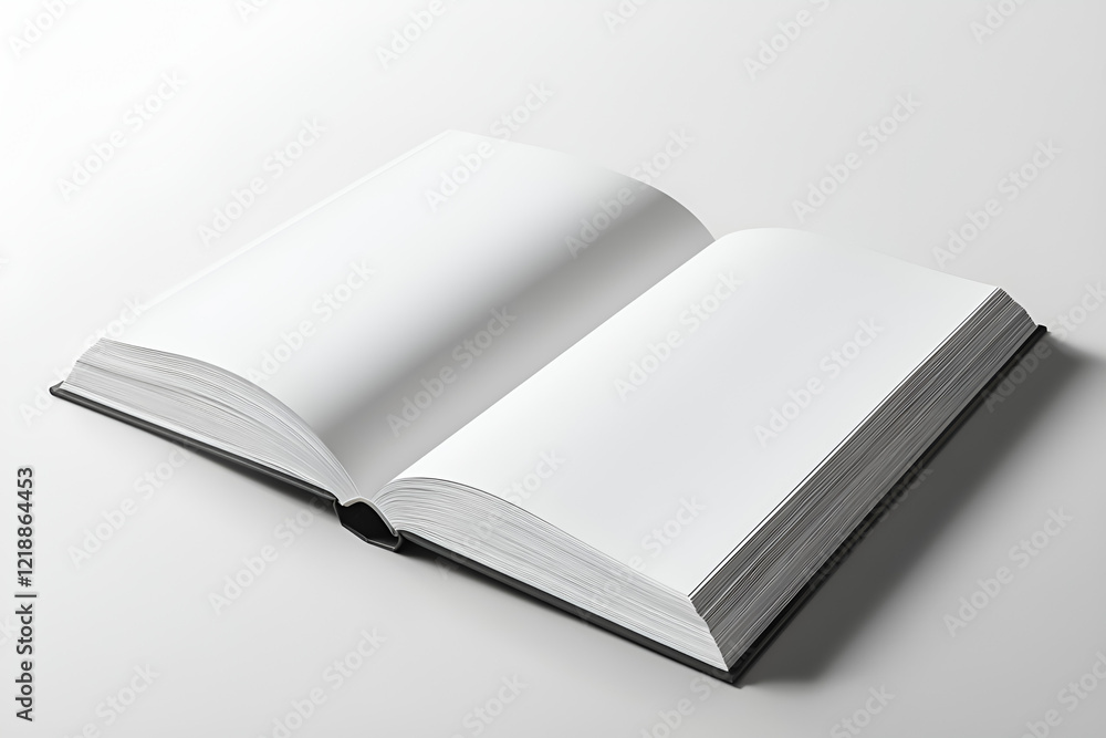 Minimalist image of an open book with blank white pages, placed on a clean white surface for versatile use. Minimalist image of an open book with blank white pages, placed on a clean white surface for versatile use.