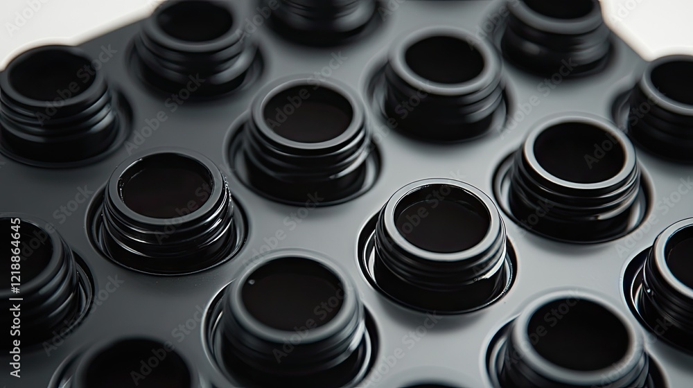 A set of gel eyeliner pots with smooth, creamy textures styled on a matte tray. A set of gel eyeliner pots with smooth, creamy textures styled on a matte tray.