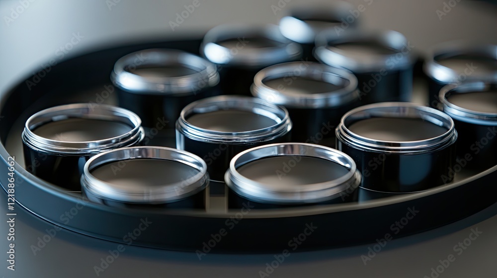 A set of gel eyeliner pots with smooth, creamy textures styled on a matte tray. A set of gel eyeliner pots with smooth, creamy textures styled on a matte tray.