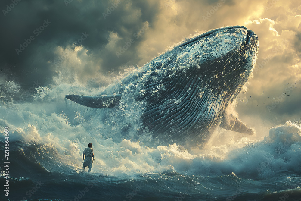 Jonah facing a massive whale amidst turbulent waves, capturing the dramatic moment from the biblical tale