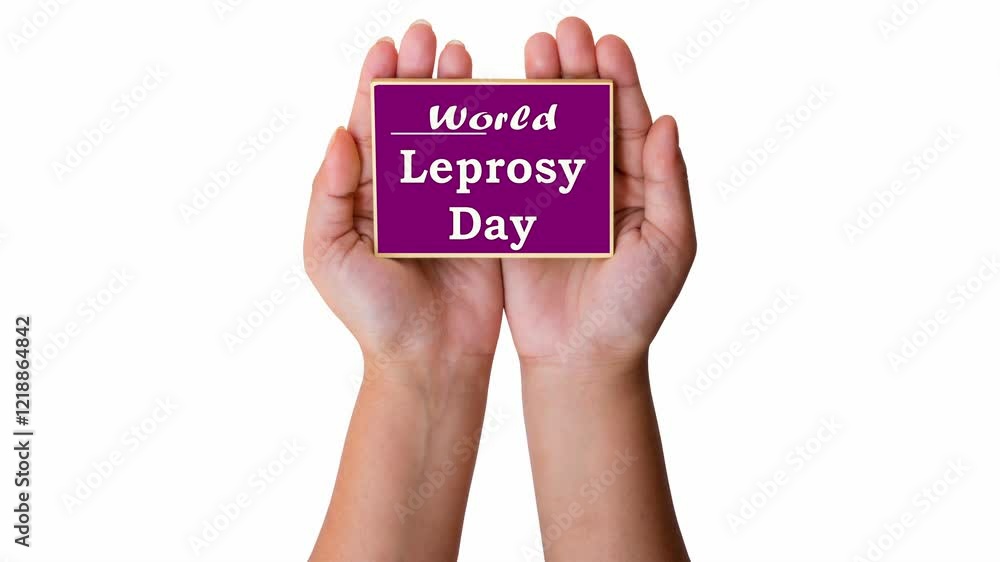 Motion clip hand hold purple card text written World Leprosy Day . White text in purple background . 4k animation video Motion clip hand hold purple card text written World Leprosy Day . White text in purple background . 4k animation video