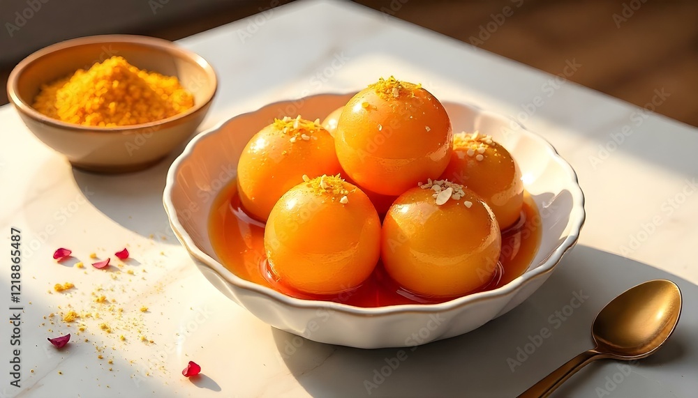 Traditional Indian dessert setup with gulab jamun served in ornate bowl with syrup Traditional Indian dessert setup with gulab jamun served in ornate bowl with syrup
