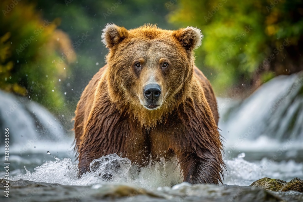 Brown Bear in River Rain - Rule of Thirds Brown Bear in River Rain - Rule of Thirds