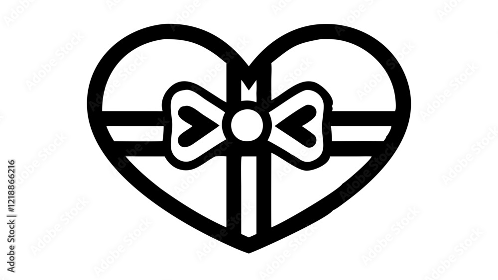Heart shape, ribbon bow, simple line drawing, black and white, minimalist design, valentine's day symbol, love icon, romantic illustration, graphic outline, symmetrical composition, gift concept, deco Heart shape, ribbon bow, simple line drawing, black and white, minimalist design, valentine's day symbol, love icon, romantic illustration, graphic outline, symmetrical composition, gift concept, deco