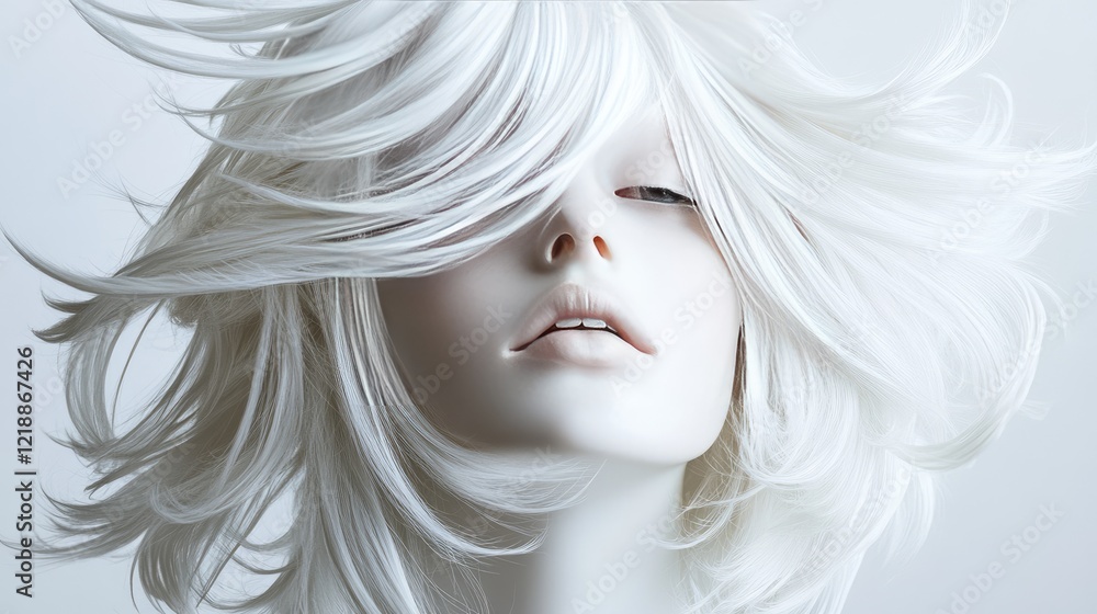 Fototapeta premium Layered bangs styled in wispy, soft textures on a white ceramic bust.