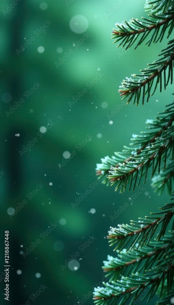 Green Christmas backdrop with bare pine branches and delicate white frost in the background with some faint snowflakes, calm, green Green Christmas backdrop with bare pine branches and delicate white frost in the background with some faint snowflakes, calm, green