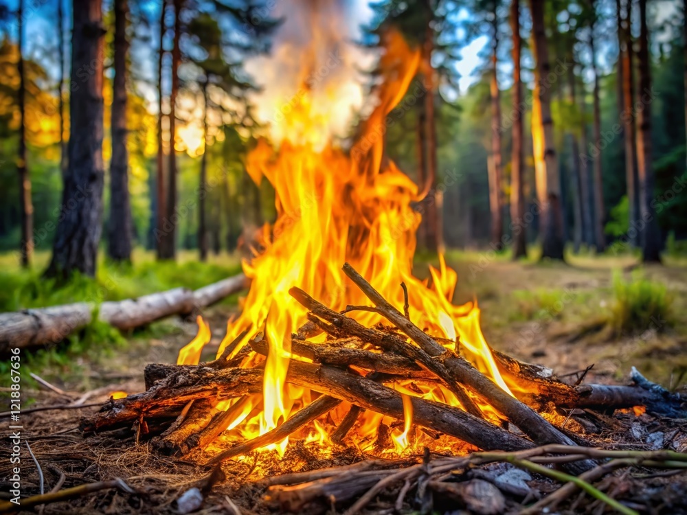 Burning Campfire Closeup - Forest Landscape Burning Campfire Closeup - Forest Landscape