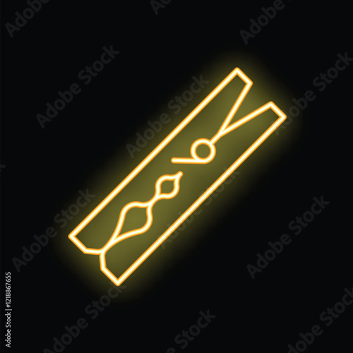 Bright yellow neon sign of a clothes peg glowing on a black background