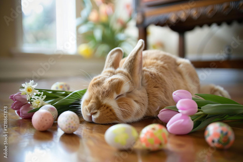 A cute rabbit or hare with colorful Easter eggs sleeps sweetly on the home floor. Banner template postcard for spring cards, Easter greetings and invitations with copy space photo