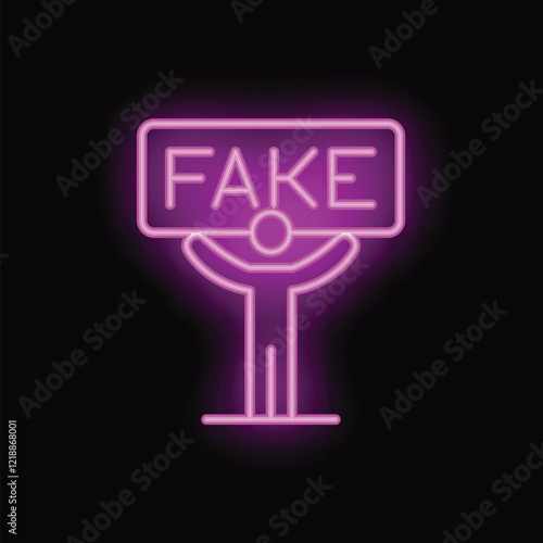Neon sign icon of a stick figure holding a sign that says 'fake' in glowing pink neon light