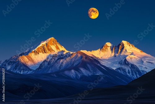 Majestic sunrise over kailash mountain range illuminated by golden light and moonlit sky photo