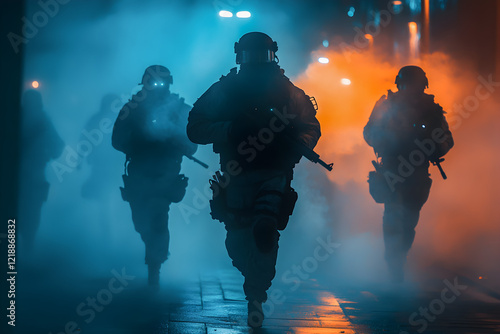 Riot Police Advancing Through Smoke, social issue arising during a demonstration, riot gear deployed in a street operation. photo