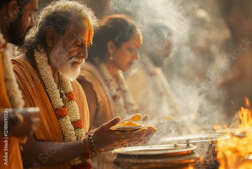 Hindu priests blessing devotees with holy ash, performing a traditional puja with incense and sacred fire, embodying the essence of spirituality. photo