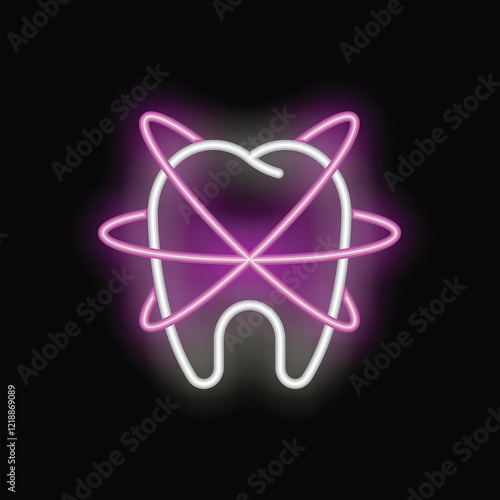 Glowing neon sign of a tooth with orbiting electrons, symbolizing advanced dental technology and cutting edge oral health solutions