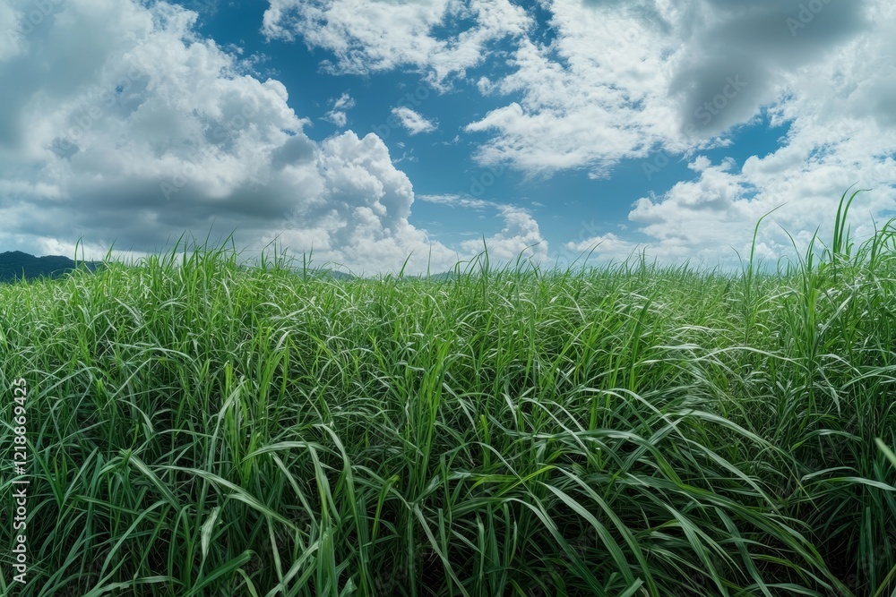 Fototapeta premium Stunning panoramic view of a lush green grass field under a vibrant blue sky with clouds