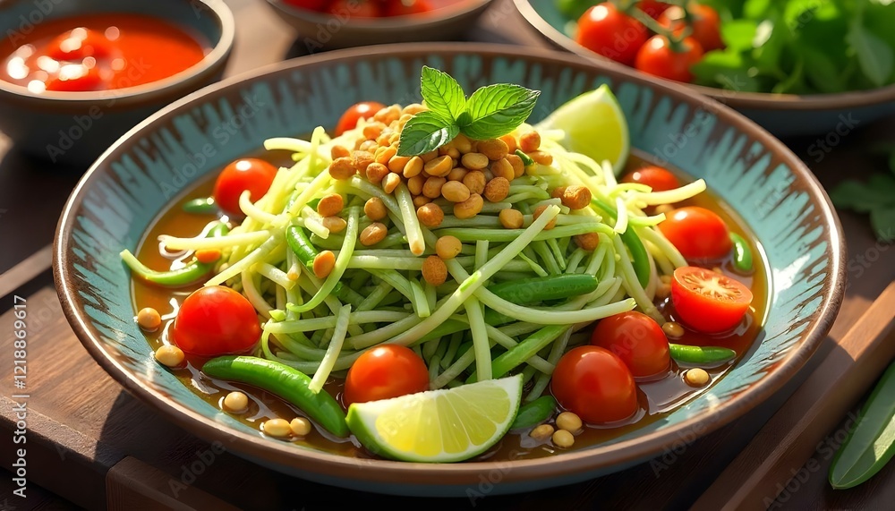 A festive presentation of Som Tum in a large rustic bowl, surrounded by Thai accompaniments A festive presentation of Som Tum in a large rustic bowl, surrounded by Thai accompaniments