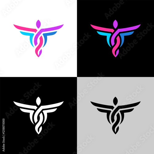 Medical caduceus stylized logo. Elegant style colorful human figure with opened wings and weaving body.