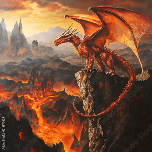 Crimson Dragon's Lair: A majestic, fiery red dragon surveys its volcanic domain from a rocky precipice.  Lava flows below, creating a dramatic and otherworldly landscape. photo