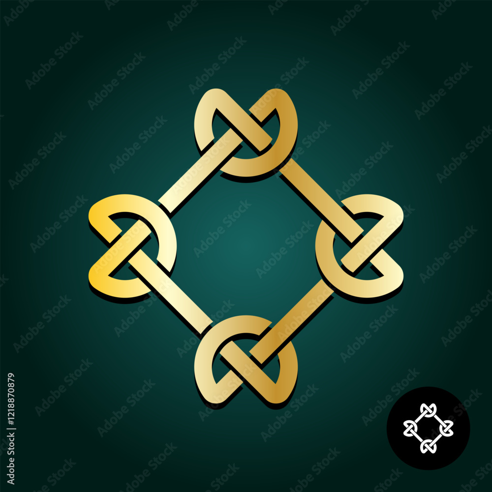 Celtic knot weave style logo. Golden symbol on dark green background. Square shape frame. Celtic knot weave style logo. Golden symbol on dark green background. Square shape frame.