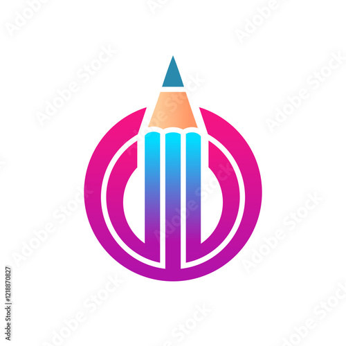 Creative Pencil Logo Icon Design Concept. Color pencil inside a stylishly designed circle composed of multiple colors. Blue, magenta, and light yellow shades.