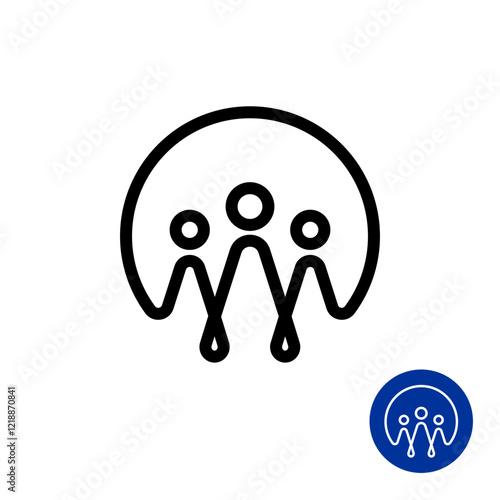 Teamwork three people logo. Simple vector illustration on white background. Partnership or support symbol. Adjustable stroke.