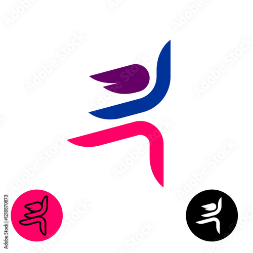 Sport active woman stylized logo. Young woman dancing silhouette. Blue and red colors sportswear. Dance school theme elegant symbol. Competition winner concept sign.